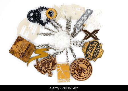 Sibiu city, Romania - April 06, 2020. key rings made by laser engraving from various materials and logos Stock Photo
