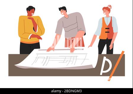 Team of architects planning new constructions on paper Stock Vector