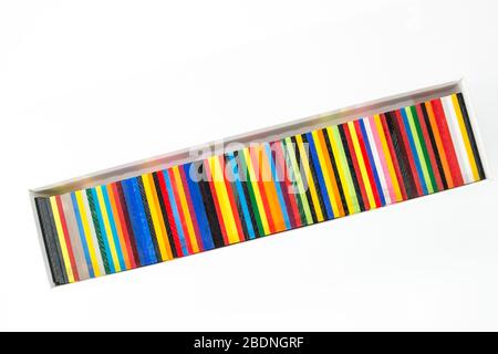 white box with colored plexiglas plates on white background Stock Photo