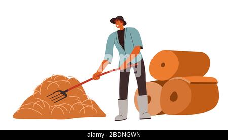 Farming man making hay bales with pitchfork instrument Stock Vector