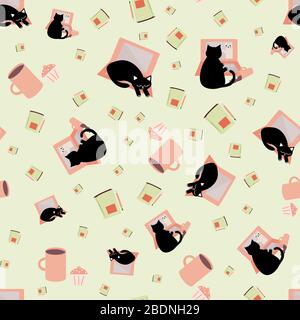 Cute cartoon laptop and cat vector seamless pattern background. Black feline, note book and coffee cups mint green backdrop. Fun business office Stock Vector