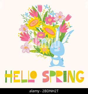 Vector card with flowers, rabbit and Hello Spring lettering Stock Vector