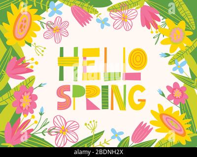 Vector card with flowers and Hello Spring lettering Stock Vector