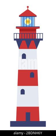 Beacon navigating ships and vessels, tall lighthouse tower Stock Vector