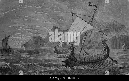 Ancident Time. Mediterranean Sea. Old ship sailing on the Island of Cyprus. Engraving, 19th century. Stock Photo