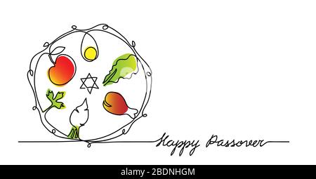 Jewish seder plate, dish with meal. Happy passover lettering, holiday pesach. Vector illustration Stock Vector