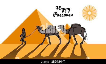 Happy passover, pesach. Vector illustration of passover with desert, egyptian pyramids, caravan, camels. Stock Vector