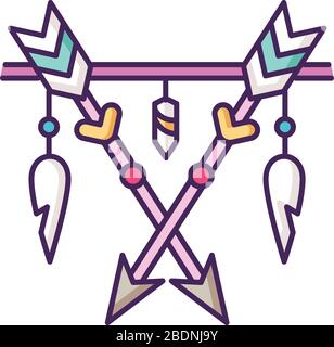 Arrows and teeth amulet in boho style RGB color icon. Native American Indian mystic symbol. Prehistoric talisman. Bohemian accessory. Ethnic home Stock Vector