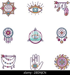 Magical accessories in boho style RGB color icons set. Prophecy and occultism amulets. Dreamcather, all seeing eye talismans. Lotus flower esoteric Stock Vector