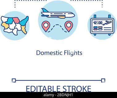Domestic flights concept icon. Local airline transportation services idea thin line illustration. US map, airplane and airport timetable vector Stock Vector