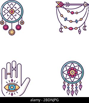 Accessories in boho style RGB color icons set. Palmistry, witchcraft and esoteric amulets. Arrow and beads charm. Dreamcather, hand and all seeing eye Stock Vector