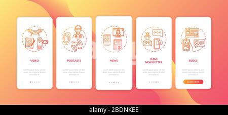 Cross platform content creation onboarding mobile app page screen with concepts. Blogging and podcasting walkthrough 5 steps graphic instructions. UI Stock Vector