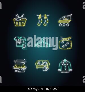 Laundry and cleanup service neon light icons set. Handwash, drying, fabric ironing. Fur, furniture and pillow dry cleaning. Signs with outer glowing Stock Vector
