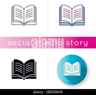 Open book icon. Dictionary page. Write university paper. Notebook and textbook. Student's diary. Self education. Library symbol. Linear black and RGB Stock Vector