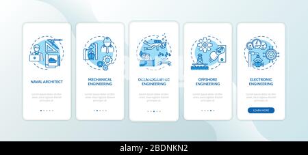Marine engineering onboarding mobile app page screen with concepts set. Boat repair operations walkthrough 5 steps graphic instructions. UI vector Stock Vector