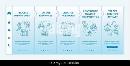 Project development onboarding vector template. Process improvement. Curate resources. Creative portfolio. Responsive mobile website with icons Stock Vector