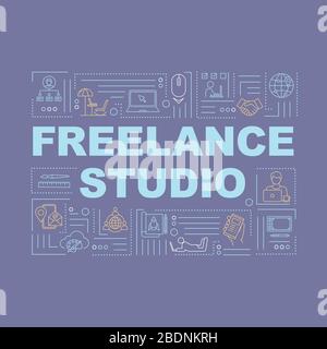 Freelance studio word concepts banner. Designer workspace at home. Working remotely. Infographics with linear icons on purple background. Isolated Stock Vector