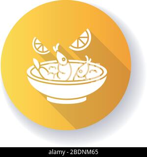 Ceviche yellow flat design long shadow glyph icon. Peruvian national dish. Latin american cuisine. Shrimp and lemon soup. Seafood. Thai tom yam soup Stock Vector