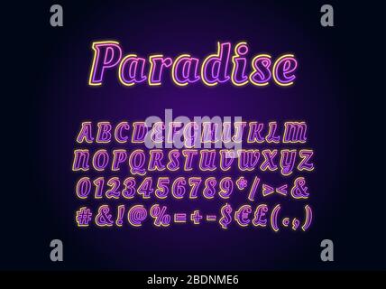 Paradise neon light font template. Purple and yellow illuminated vector alphabet set. Bright capital letters, numbers and symbols with outer glowing Stock Vector