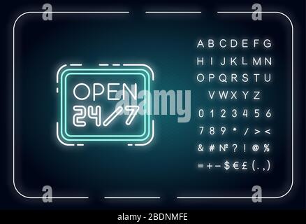 Open 24 7 hours neon light icon. Twenty four seven store. Hanging retail sign. 24 hrs shop. Outer glowing effect. Sign with alphabet, numbers and Stock Vector