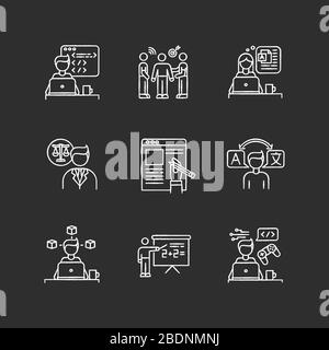 Freelance jobs chalk white icons set on black background. Creative design and translation, teaching and copywriting. Legal services and PR management Stock Vector
