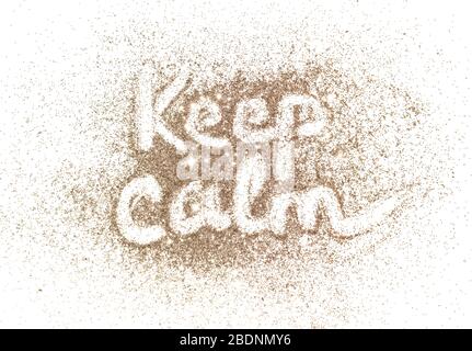 Keep Calm, text of golden glitter on white background Stock Photo