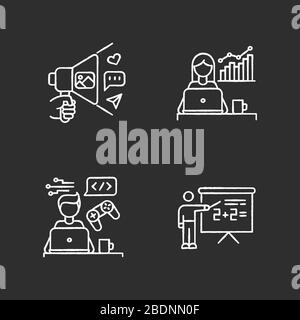 Freelance professions chalk white icons set on black background. Marketologist and social media coordinator. Business promotion and home education Stock Vector