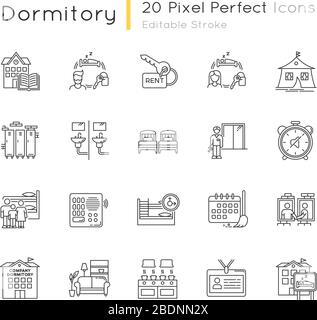 Dormitory pixel perfect linear icons set. Communal space. Living accommodations. Shared room. Customizable thin line contour symbols. Isolated vector Stock Vector