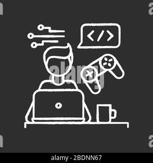 Game developer chalk white icon on black background. Freelancer, remote game software programmer. Virtual reality creating, coding, computer Stock Vector