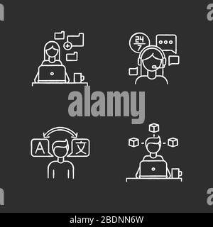 Freelance professions, data entry jobs chalk white icons set on black background. Interpretation, 3D modelling and customer service. Converting image Stock Vector