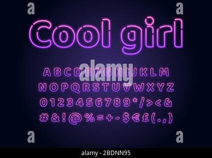 Cool girl neon light font template. Purple illuminated vector alphabet set. Bright capital letters, numbers and symbols with outer glowing effect Stock Vector