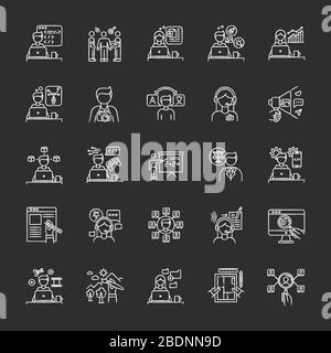 Freelance professions chalk white icons set on black background. Web development and graphic designing. Branding and HR management, data entry jobs Stock Vector