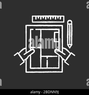 Interior designer chalk white icon on black background. Freelance architect. Engineering, construction planning. Premises design, apartment Stock Vector
