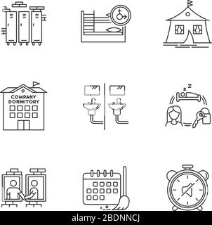 Living in dormitory pixel perfect linear icons set. Cleaning schedule. Quiet hours. Communal bathroom. Customizable thin line contour symbols Stock Vector