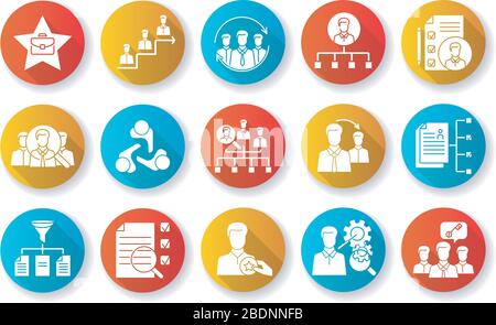 Headhunting flat design long shadow glyph icons set. Human resources management, corporate recruitment, employment agency. Executive search, personnel Stock Vector