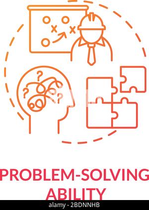 Problem solving ability red concept icon. Analytical mind. Creative thinking. Build strategy. Finding solution to challenge idea thin line Stock Vector
