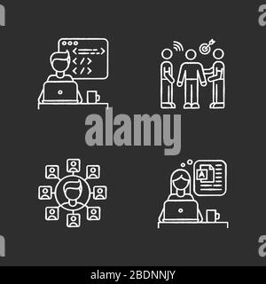 Distant works chalk white icons set on black background. Web developer and public relations officer, SEO specialist. Branding, blogging and Stock Vector