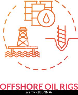 Offshore oil rigs red concept icon. Industrial structure for fuel production. Petroleum extraction with drill idea thin line illustration. Vector Stock Vector