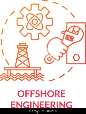 Offshore engineering red concept icon. Oil rig maintenance work. Marine structure build. Water platform construction idea thin line illustration Stock Vector