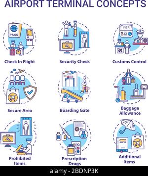 Airport terminal concept icons set. Security check, boarding gate idea thin line RGB color illustrations. Customs control, baggage allowance. Vector Stock Vector