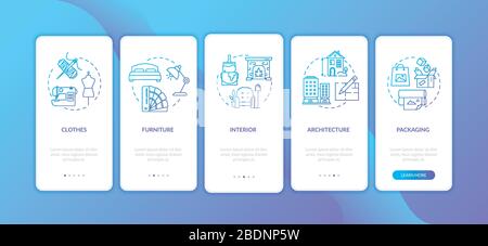 Designer work onboarding mobile app page screen with concepts set. Clothes decoration process walkthrough 5 steps graphic instructions. UI vector Stock Vector