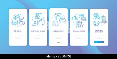 Project development stages onboarding mobile app page screen with concepts set. Designer job walkthrough 5 steps graphic instructions. UI vector Stock Vector