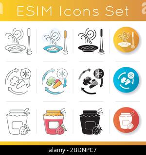 Culinary techniques icons set. Linear, black and RGB color styles. Different food preparation methods, cooking process. Puree, vegetables freezing and Stock Vector