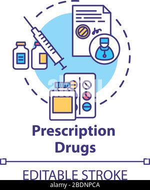 Prescription drugs concept icon. Medical pills idea thin line illustration. Doctor instruction. Patient medications bottles. Vector isolated outline Stock Vector