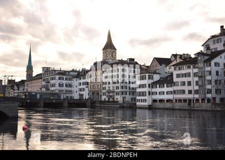 Cityscape in Altstadt along the Limmat river running through Zurich Stock Photo