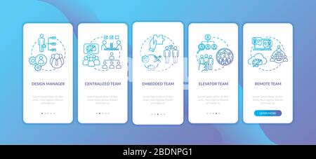 Teamwork types onboarding mobile app page screen with concepts set. Specialized group. Collaborate work walkthrough 5 steps graphic instructions. UI Stock Vector