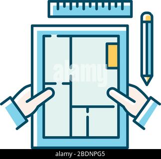 Interior designer blue RGB color icon. Freelance architect, decorator. Engineering, construction planning. Premises design, apartment architectural Stock Vector