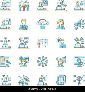 Freelance professions blue RGB color icons set. Web development and graphic designing, tutoring and copywriting. Branding and HR management, data Stock Vector