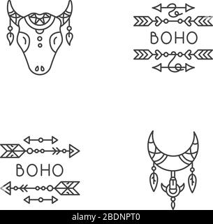 Ethnic accessories in boho style pixel perfect linear icons set. Arrows with feathers charms. Customizable thin line contour symbols. Isolated vector Stock Vector