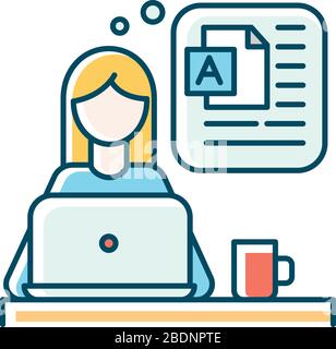 Blog writing blue RGB color icon. Freelancer, social media blogger, rewriter, online publishing, post author. Blogging, website constant content Stock Vector